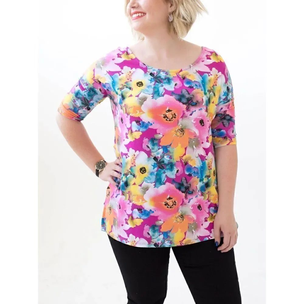 Agnes & Dora Hi Lo Tee Whimsical Top Floral Pink Purple BlueโYellow SizeโS